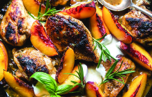Rosemary peach chicken in a white wine pan sauce