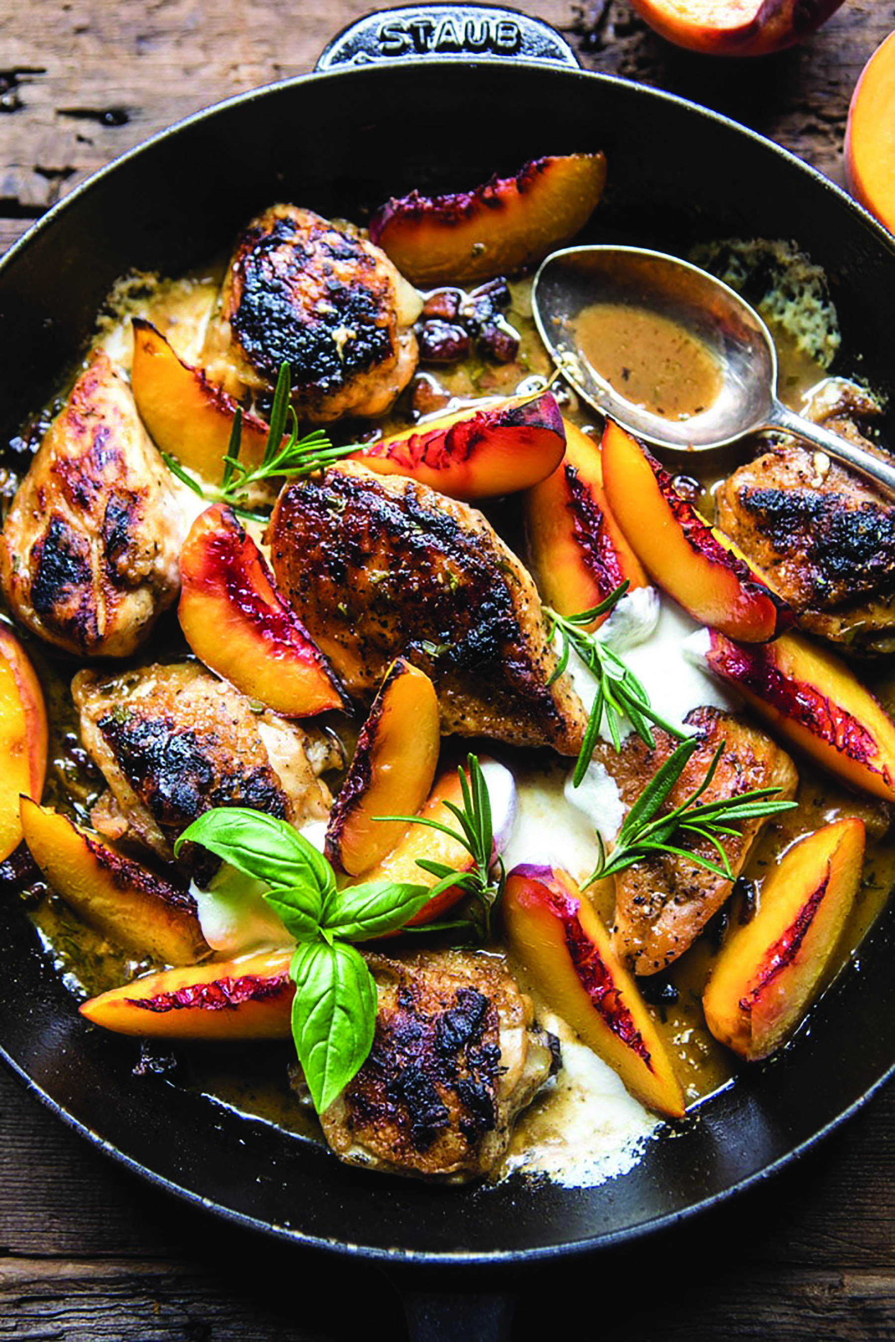 Rosemary peach chicken in a white wine pan sauce