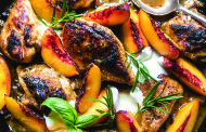 Rosemary peach chicken in a white wine pan sauce